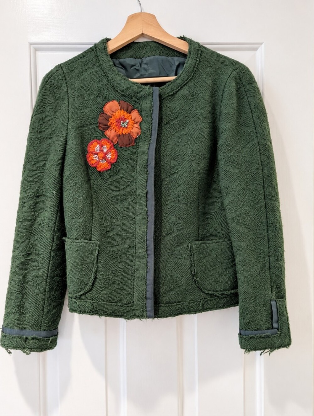 ZARA 100% Wool Cropped Statement Jacket Forest Green Blazer Cottagecore Academia